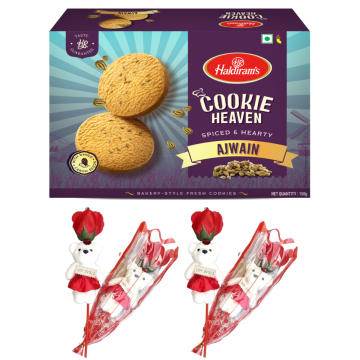 Ajwain Cookies (150 gms) With Two Valentine Tedi-Rose 