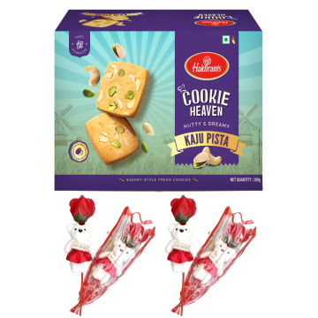 Kaju Pista Cookies (150 gms) With Two Valentine Tedi-Rose 