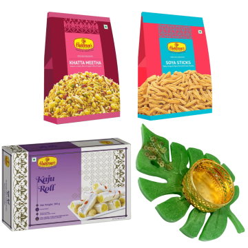 Kaju Roll 500g, Khatta Meetha 200 g, Soya Sticks 200 g with Medium Diya 