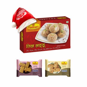 Til Ladoo (400g), Jaggary Khasta Gajak (200g), Dry Fruit Gajak (200g) with Christmas Cap