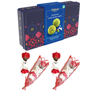 Pistachio Chocolate Ladoo (250gms) With Two Valentine Tedi-Rose