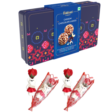 Cashew Crunchy Chocolate Ladoo (250gms) With Two Valentine Tedi-Rose