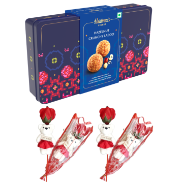 Hazelnut Crunchy Ladoo (250 gms) With Two Valentine Tedi-Rose