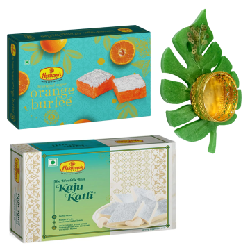 Kaju Katli (250 g) and Orange Burfee (250 g) with Medium Diya 