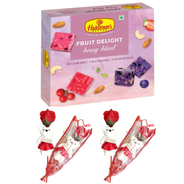 Fruit Delight (Berry Blast-225 gms) with Two Valentine Tedi-Rose