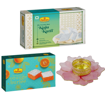 Kaju Katli (250 g) and Orange Burfee (250 g) with Medium Diya 