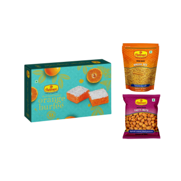 Orange Burfee 0.25kg, Bhujia sev -400gm and Tasty nuts-200gms Combo