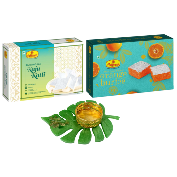 Kaju Katli (250 g) and Orange Burfee (250 g) with Medium Diya 